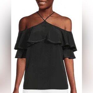 Gibson Latimer Cold Shoulder Short Ruffle Sleeve Halter Neck Blouse